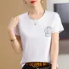 Nova moda quente primavera e verão 2024 chapéu com strass cor sólida gola redonda algodão mercerizado feminino modelador de corpo para o dia a dia fio de algodão camiseta de manga curta