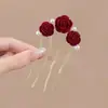 Novo Pente de Cabeça Chinoiserie com Quatro Dentes Grampo de Cabelo Rosa Vermelha Grampo de Cabelo em Forma de U Acessórios de Cabelo Estilo Antigo Feminino Pente de Cabelo de Pérola de Alta Qualidade