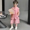 Conjunto de Verano para Niños de Tres Colores Teñido en Nube, Nuevo Estilo Chino, Botones, Sin Mangas, Conjunto de Dos Piezas Estilo Nacional Retro para Niños y Niños Pequeños