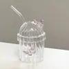 Vaso de Vidrio Rosa en Relieve Tridimensional, Vaso con Popote Resistente al Calor de Alto Borosilicato, Taza Grande para Café para el Hogar y la Oficina, Taza para Té de Leche