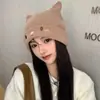 Chapéu de tricô com orelhas de gato para outono e inverno para mulheres, faz o rosto parecer menor, chapéu de lã fofo estilo japonês, quente e grosso, protege as orelhas, chapéu versátil para clima frio