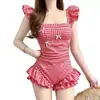 Traje de baño Dopamina para mujer, Estilo Ins Fresco, Traje de baño de una pieza a cuadros azul girly, Conservador, Cubre la piel, Aspecto adelgazante, Resort Baño termal