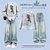 Conjunto de duas peças estilo universitário para crianças maiores e adolescentes: moletom de manga comprida e jeans casual soltinho da moda para meninas, adequado para primavera e outono