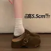 Mules slip-on de camurça retrô para mulheres, novo estilo outono 2026, para uso casual ao ar livre, com fivela