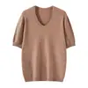 Blusa de tricô feminina versátil de manga curta com decote V, corte justo e design respirável, adequada para o uso diário