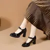 Sapatos de salto grosso de tira única salto alto 2026 Outono Novo Estilo Confortável Impermeável Plataforma Solado Grosso Aumento de Altura Trabalho Sapatos de Couro Feminino