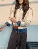 Cárdigan de punto patchwork de mezclilla con cuello para mujer, suéter chaqueta casual holgado de manga larga, nueva moda de otoño e invierno, versátil