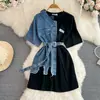 Transfronteiriça retrô estilo Hong Kong elegante cinto justo na cintura gola redonda combinação de cores camisa jeans nova primavera chique casual comprimento médio
