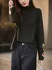 Camisa Básica Bordada com Forro de Lã Estilo Chinês Novo Outono e Inverno para Mulheres, Gola Meio Alta Jacquard Lã Manga Longa Top Interno