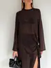 Vestido Sexy Marrom de Cross-Border para Mulheres, Coleção Primavera/Verão 2026, Transparente com Amarração no Pescoço Redondo, Manga Longa, Longo com Fenda e Saia Transparente