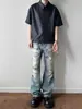 Exclusivo para Comercio TransfronterizoJeans Vintage Patchwork Desgastados para Hombre con Cortes de Navaja, Salpicaduras de Tinta y Diseño de Lavado Sucio