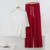 Conjunto Holgado Delgado de Pantalones Rectos de Pierna Ancha de Cintura Alta para Mujer con Cuello Alto de Manga Corta de Modal y Cierre de Corbata Pantalones de Loungewear