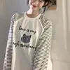Camiseta de Manga Larga con Estampado de Dibujos Animados Divertidos y Empalme de Color Contrastante Moda Femenina Versátil Casual Holgado Estilo Ins Top Suelto Moderno