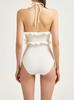 Nuevo Traje de Baño Enterizo de Color Sólido con Volantes y Cuello Halter Estilo Resort Costero para Mujer con Acabado de Alta Gama