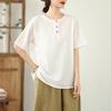Em Estoque Novo Estilo Chinês Verão Budista Feminino Linho Fino Manga Curta Camiseta Roupa de Chá com Botão Estilo Chinês