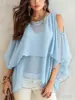 Camisa Chiffon Fina de Comprimento Médio com Gola Redonda, Estilo Europeu e Americano, com Xale, Blusa Pequena Cape de Cor Sólida Respirável para Primavera e Verão para Comércio Transfronteiriço