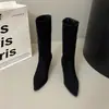 Botas femininas cáqui de salto fino, novo modelo 2026, botinhas de bico fino, sapatos de salto alto, botas slim de salto empilhado no meio da panturrilha, botas de cano alto