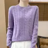 Suéter de punto grueso 100% lana con puntos de colores y diseño de patrón trenzado, suéter base de punto simple de cuello redondo para mujer
