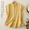 Algodão Linho Lar Camisa Manga Bolso Grande Feminina Design Sensação Fenda Costas Colete Sem Mangas Cardigã Feminino Top Tendência