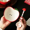 Set Creativo y Lindo de Tazón y Cuchara de Manzana Roja para Uso Doméstico, Tazón de Arroz Cerámico, Cuchara, Tazón para Ensalada, Cuchara para Sopa y Juego de Tazones para Comer