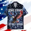 Camisa Havaiana 250 Anos de Liberdade 1776-2026 Águia Patriótica Sino da Liberdade 4 de Julho Camisa Unissex