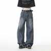 Marca da moda de rua, design desconstruído de corte reto, jeans estilo americano de perna larga para homens, patchwork, outono, legal e estiloso, azul escuro