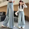 Comércio Exterior Atacado Calça Jeans Reta de Quatro Cores em Formato de Coração para Crianças de Meia-Idade e Mais Velhas Calça de Pernas Largas Bordada Estilosa Solta