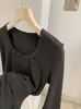 KEKEZOON Estilo Coreano de Principios de Invierno Simple Versátil Elástico Adelgazante Esponjoso Forrado Camiseta de Manga Larga con Cuello en U 9331