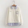 2603 Moletom Sweet College Japonês com Bolsos, Estampa Xadrez e Bordado de Gato para Estudantes Femininas Casual Falso Duas Peças