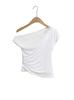 Top Curto Branco de Renda Pura com Costura Irregular Amassado Slim-fit de Manga Curta com Ombro Inclinado para Mulheres