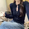 Top de punto con cuello semiabierto para mujer, para primavera y otoño, chic estilo coreano, capa base de punto única, top de manga larga, suéter