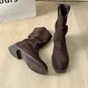 Botas de Moda Lademei 2026 Nuevas Botines de Tobillo con Tacón Grueso Vintage de Otoño para Mujer, Botas Vaqueras Cortas Plisadas para Adultas Pequeñas