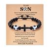 Pulsera de cuentas de fútbol con cruz estilo deportivo, pulsera ajustable tejida a mano con cuentas de piedra negra y balón, con cartón
