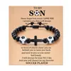 Pulseira Cruzada com Contas de Futebol Estilo Esportivo, Pulseira Ajustável Tecida à Mão com Contas de Obsidiana com Cartão de Papel para Festas