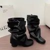 Nueva colección de otoño 2026: Botines elegantes de tacón grueso, perfectos para combinar con pantalones, con un diseño moderno fruncido.