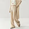 Pantalones casuales de punto de cachemira de bebé, fluidos y estructurados para mujer, de cintura alta, pierna ancha con costura central, corte holgado, diseño de pierna recta para otoño e invierno