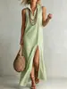 Vestido Largo de Rayas sin Mangas Estilo Europeo y Americano con Abertura, Modelo 2026, Cuello Alto tipo Amazon, En Stock en Sitio Independiente, Verde Claro, Azul Claro