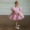 Vestido formal para niños para exportación, con adornos florales 3D, mangas abullonadas y una falda de tul multicapa, perfecto para sesiones de fotos, banquetes y como vestido de princesa para niñas