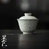 Moji Ice Glaseado de Mesa Relieve Suihan Sanyou Tazón con Tapa Sala de Té Hogar Cerámica Tazón de Té Liso Elegante y Resistente Tazón con Tapa