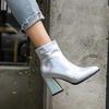 Botas Femininas Yingmeier 32-43 Transfronteiriças Plus Size Outono e Inverno Couro Patente Zíper Lateral Bico Fino Salto Alto Bloco Cano Curto