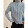 Suéter Cardigan Tricotado 100% Lã Pura Feminino Gola Alta Jaqueta Outono e Inverno Novo Estilo Camisa Externa Abotoada