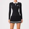 Conjunto Esportivo Casual Escovado Transfronteiriço Feminino Nova Moda Terno de Corrida Tênis Camisa Polo Manga Longa Saia Plissada