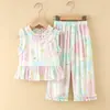 Conjunto de Roupa de Dormir Feminina de Algodão e Seda com Estampa de Desenho Animado, Solto e Respirável, Fofo, de Verão, Fino, com Renda