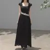 Vestido Cuadrado Corto Hombros Descubiertos Estilo Dulce y Fresco para Niña, Falda Acampanada con Cintura Entallada de Encaje Bloque de Color, Vestido Adelgazante para Citas