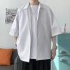 Camisa masculina de manga curta solta estilo Hong Kong, camisa de manga de cinco pontas, fina, estilo coreano, elegante, simples, casual, jaqueta