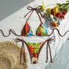 Bikini Estampado Estilo Europeo y Americano 2025 de Comercio Exterior con Tirantes de Nudo, Abalorios, de Cintura Baja, Bikini Sexy, Estilo Vacaciones en la Playa para Mujeres