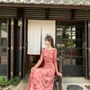 Vestido con estampado floral en tinta rosada para mujer, de manga larga, con drapeado, falda larga recta, estilo chino suave, vestido adelgazante