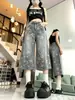 Jeans Cortos de Fábrica Hechos a Medida con Estampado Integral de Estrellas para Mujer, Nuevo Estilo de Verano, Súper Populares, Versátiles, Pantalones de Pierna Ancha Rectos Sueltos de Longitud Media
