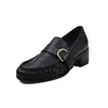 Mocasines de Piel de Vaca/Oveja para Mujer Tacón Medio Grueso Corte Profundo Zapatos de Vestir Otoño Nueva Llegada Piel Genuina Punta Redonda Hebilla Zapatos de Vestir Mujer