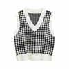 Suéter de punto retro de cuello en V sin mangas a cuadros contrastantes, estilo casual holgado, para otoño e invierno 2025
